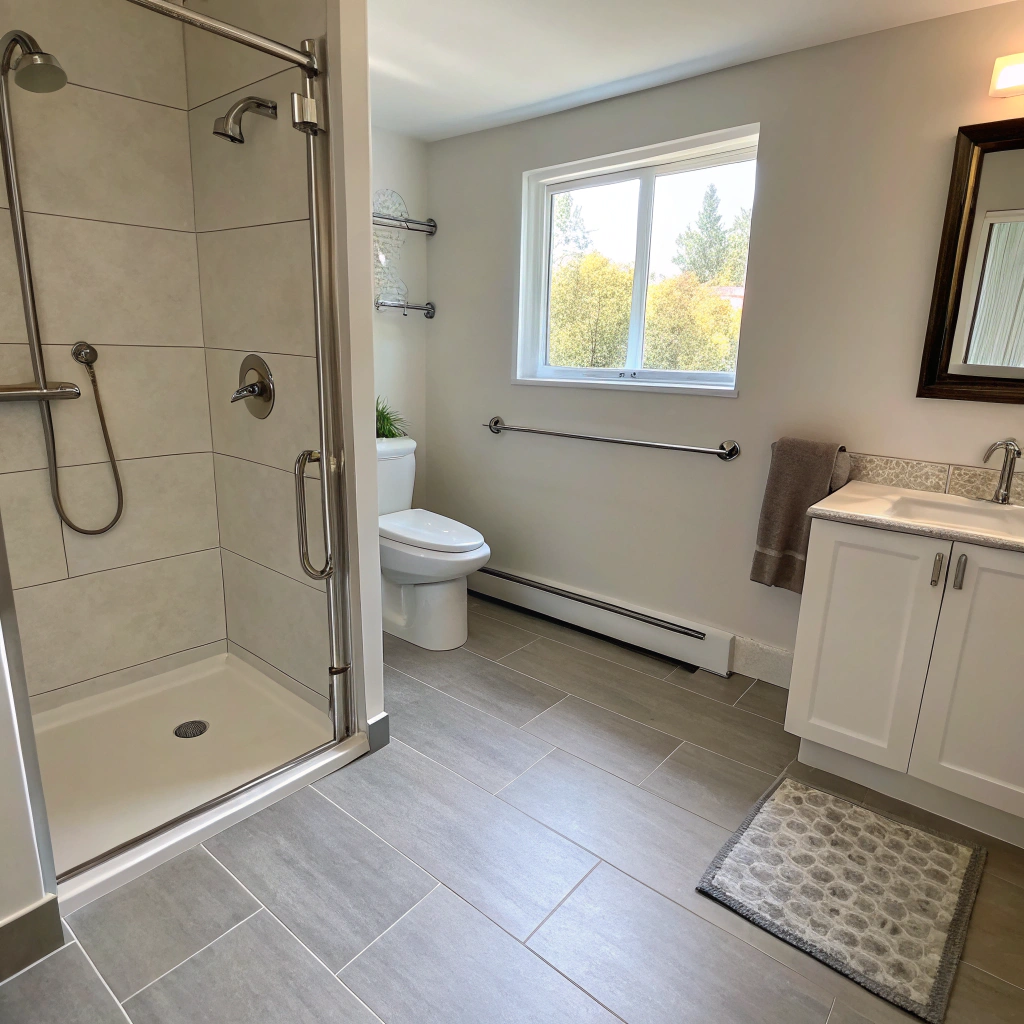 accessible bathroom renovation in Townsville with grab rails and walk-in shower