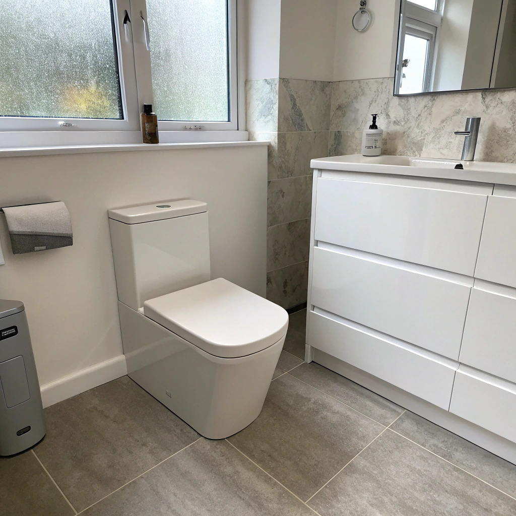 Back-to-wall toilet installed in modern Townsville bathroom renovation