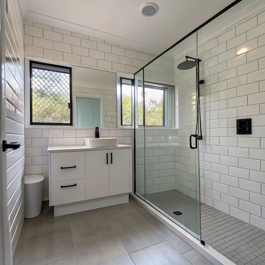 completed bathroom renovation Townsville with modern fittings and tiled walls