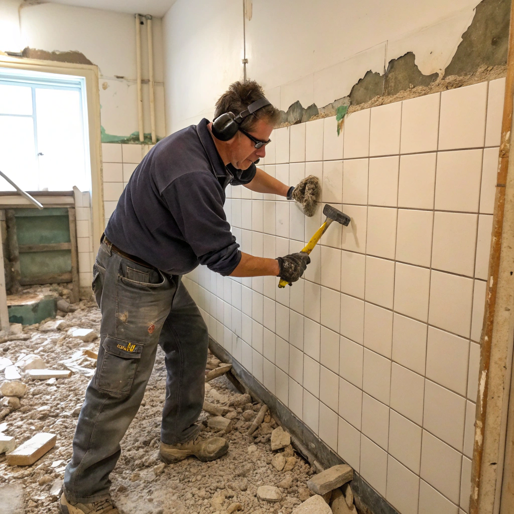 tradie removing bathroom wall tiles during demolition in Townsville