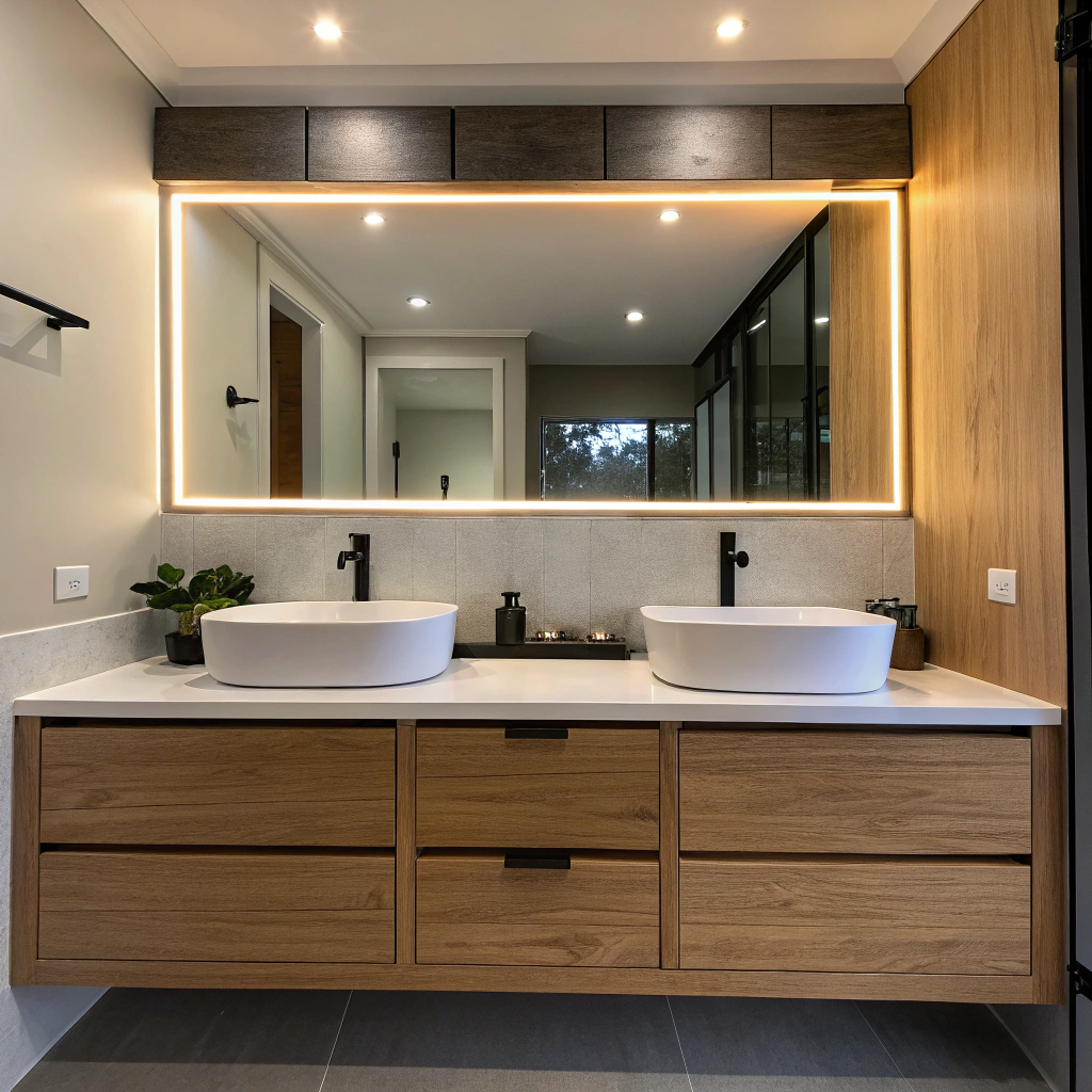 Custom floating vanity with dual basins and bespoke joinery in Townsville luxury bathroom