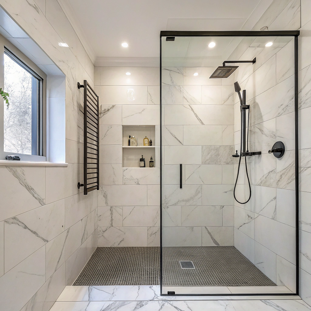 Frameless shower screen with floor to ceiling tiles in Townsville luxury bathroom renovation