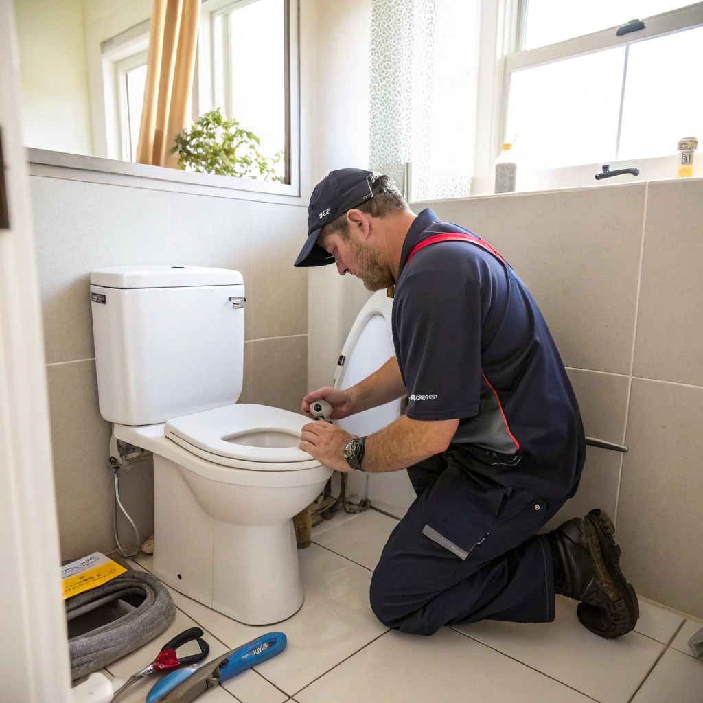 Licensed plumber installing toilet in Townsville bathroom