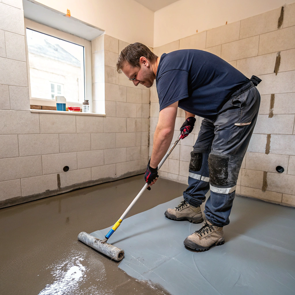 licensed waterproofing contractor applying membrane to bathroom floor in Townsville