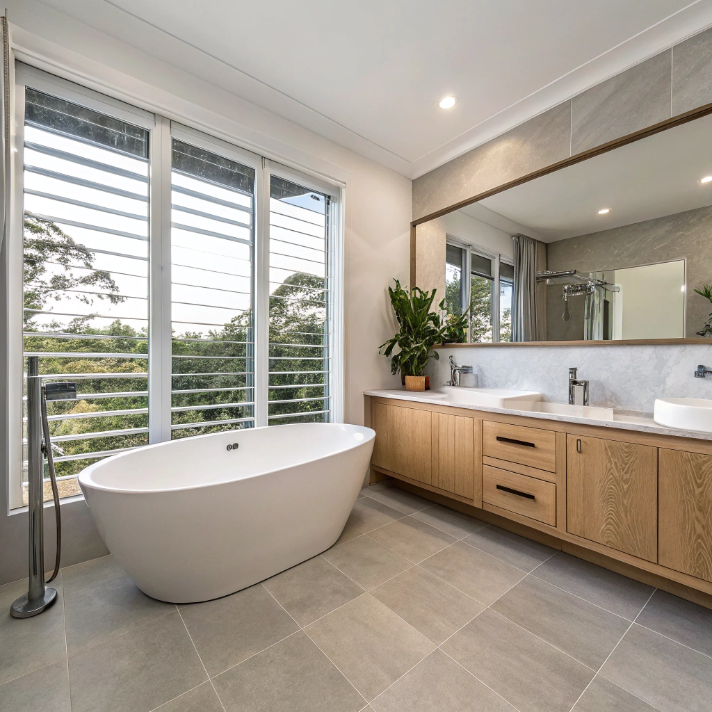 Luxury bathroom renovation Townsville with freestanding bath and large format stone tiles