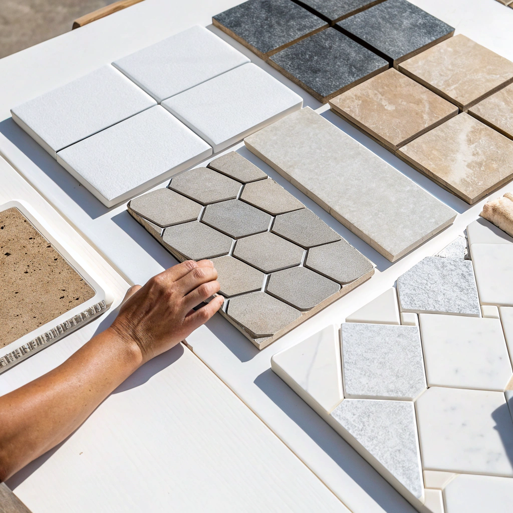Tile samples laid out for selection including ceramic porcelain and natural stone