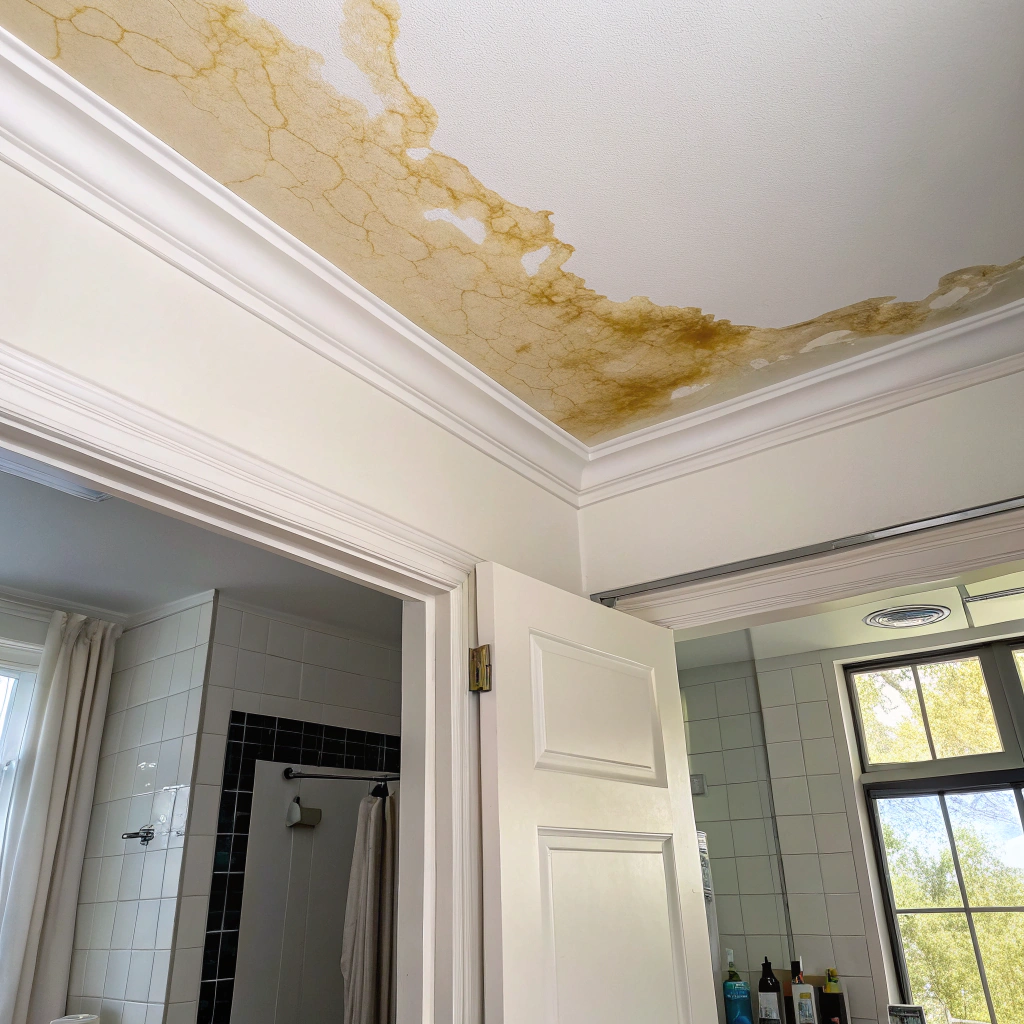 Water stain on ceiling below bathroom caused by leaking shower