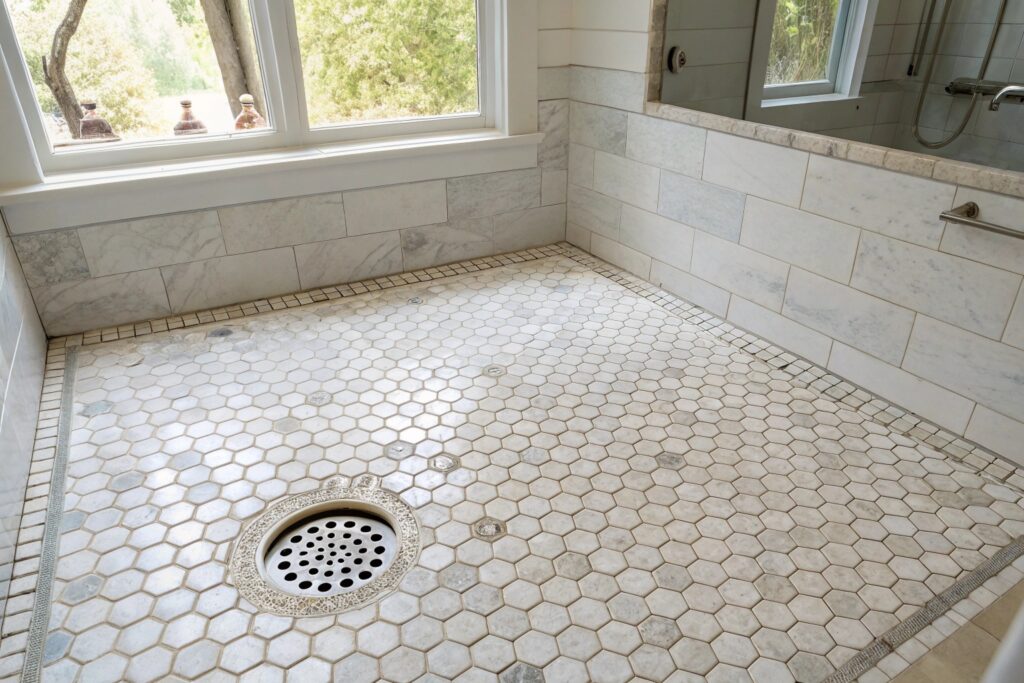 Penny round mosaic tile bathroom floor with floor waste in Australian home