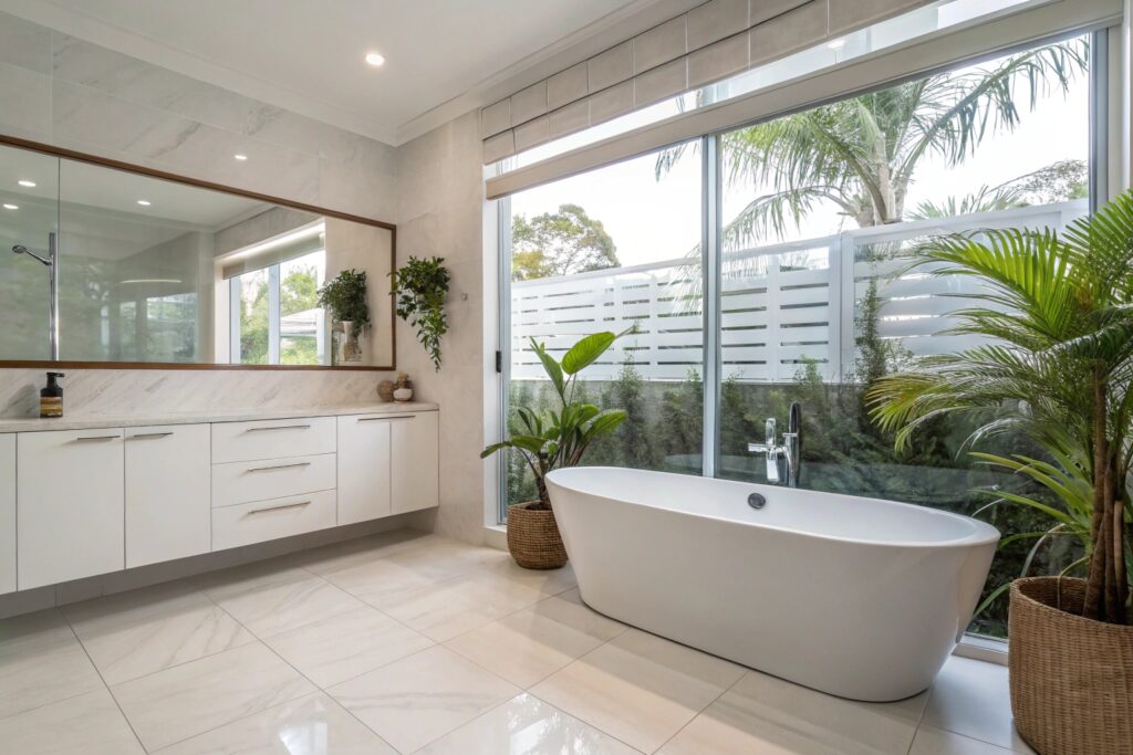 Clean modern tiled bathroom floor in a Townsville home after professional tiled floor repair service