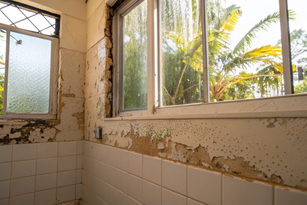 Bathroom wall showing paint bubbling and water damage staining in a Townsville home