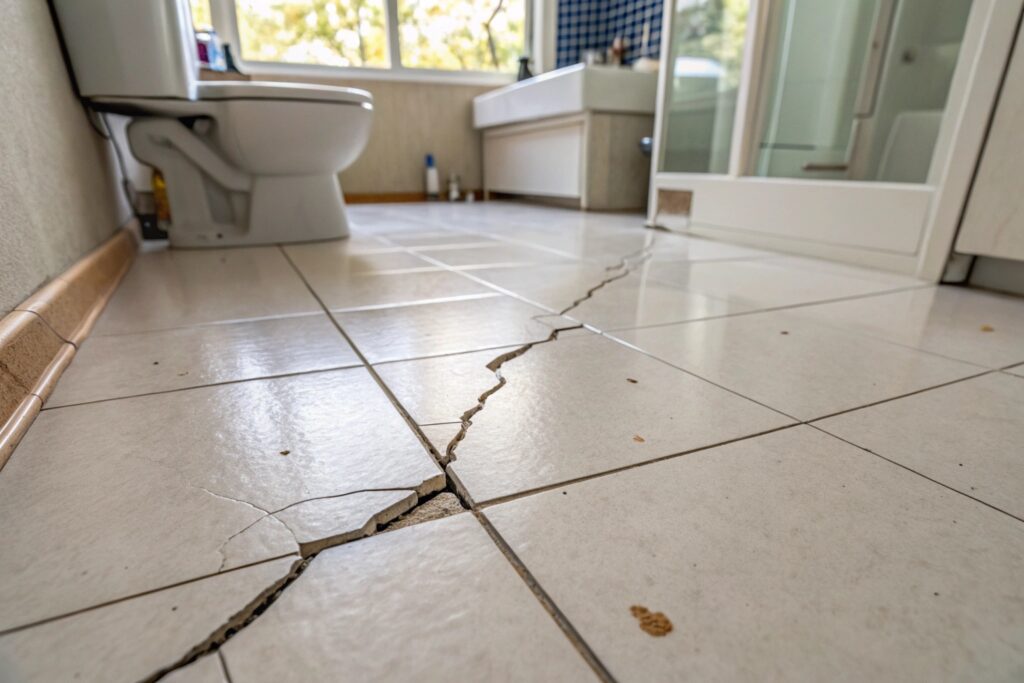 Cracked bathroom floor tile in a Townsville home requiring replacement