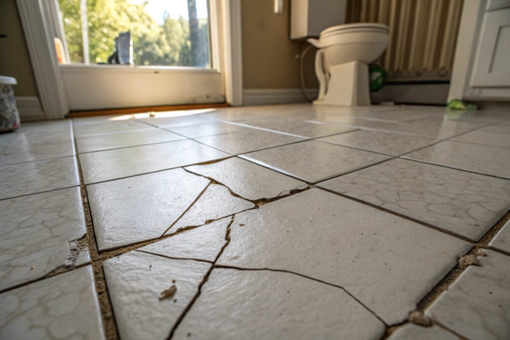 Cracked bathroom floor tile in a Townsville home requiring professional repair