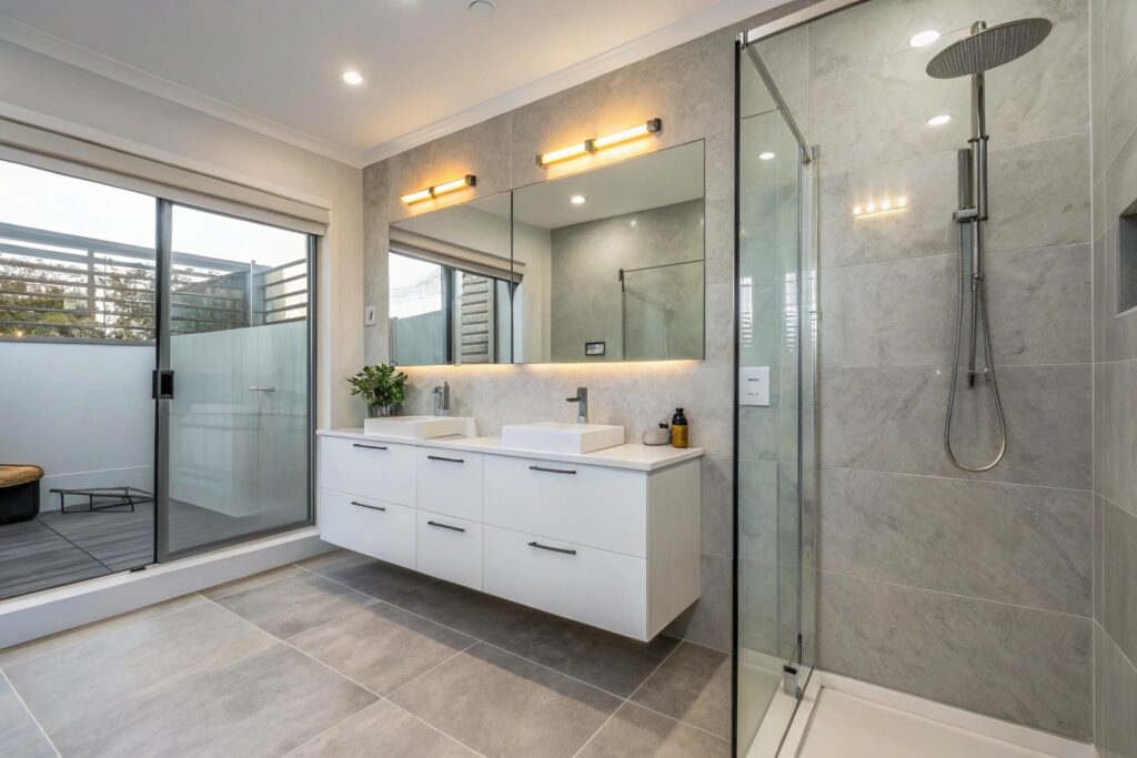 Completed bathroom renovation in a Townsville home with modern tiling and frameless shower screen