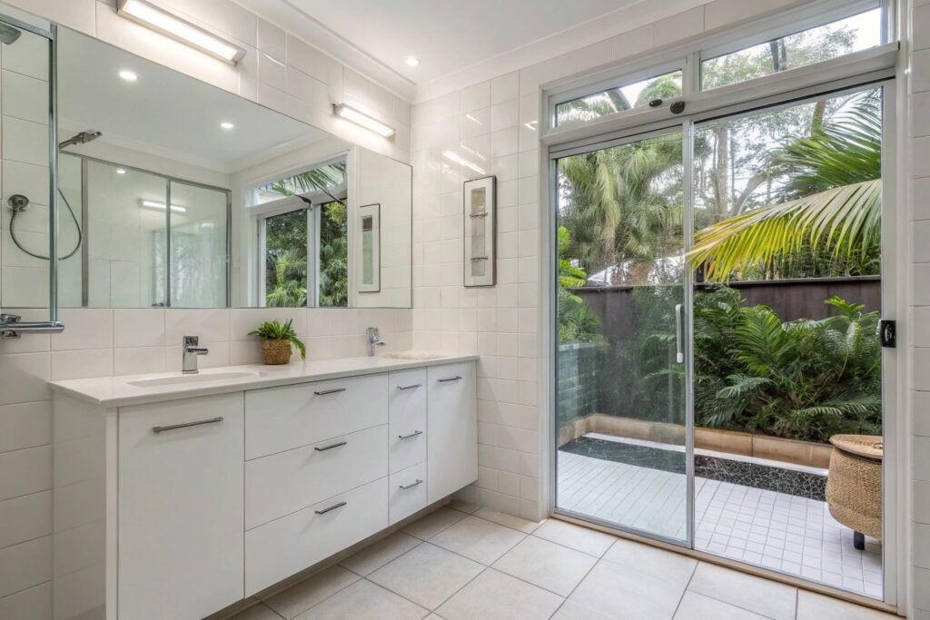 Freshly renovated bathroom with white tiles and modern fittings after water damage repair in Townsville