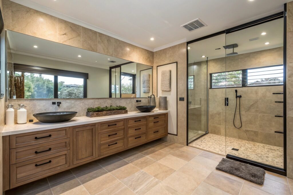 Large ensuite renovation with double vanity and walk-in shower in Townsville new estate home