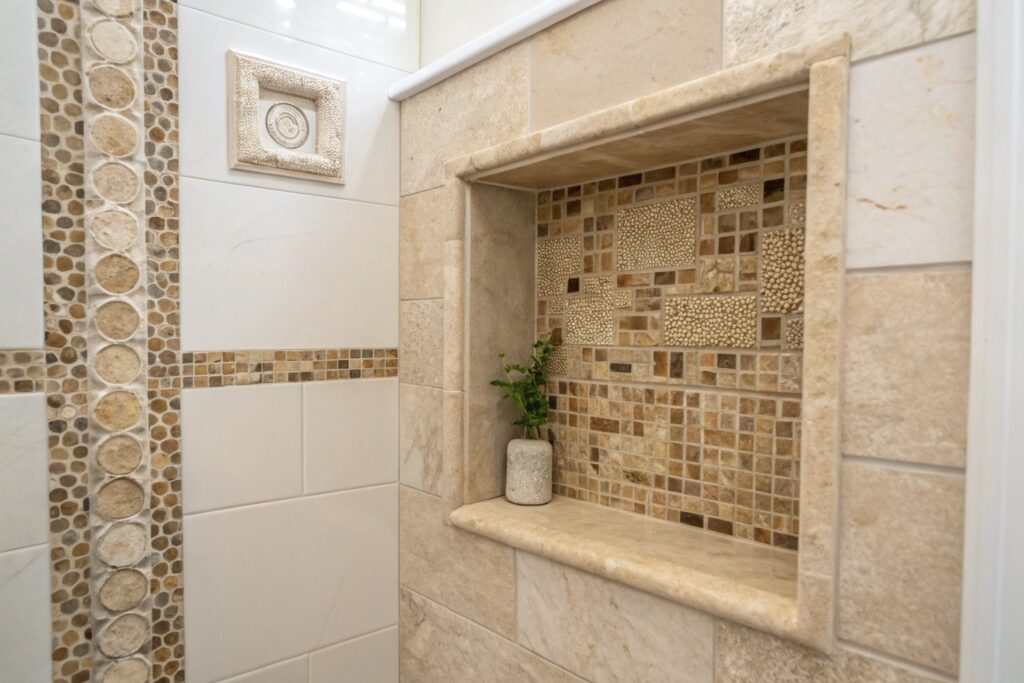Natural stone mosaic tile shower niche in a Townsville bathroom renovation