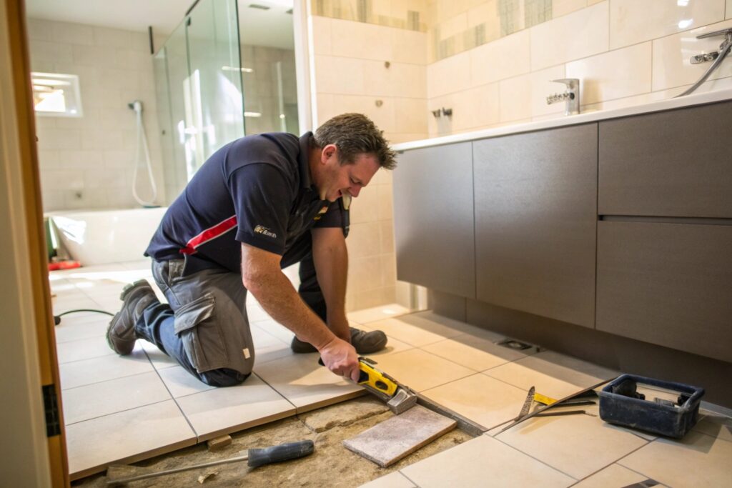 Licensed tiler removing a damaged floor tile during a professional repair in Townsville