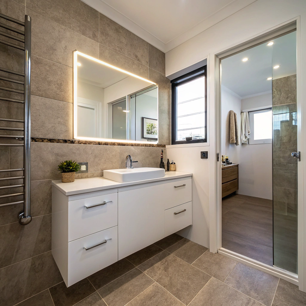Modern accessible bathroom design Townsville with wall-hung vanity and lever tapware