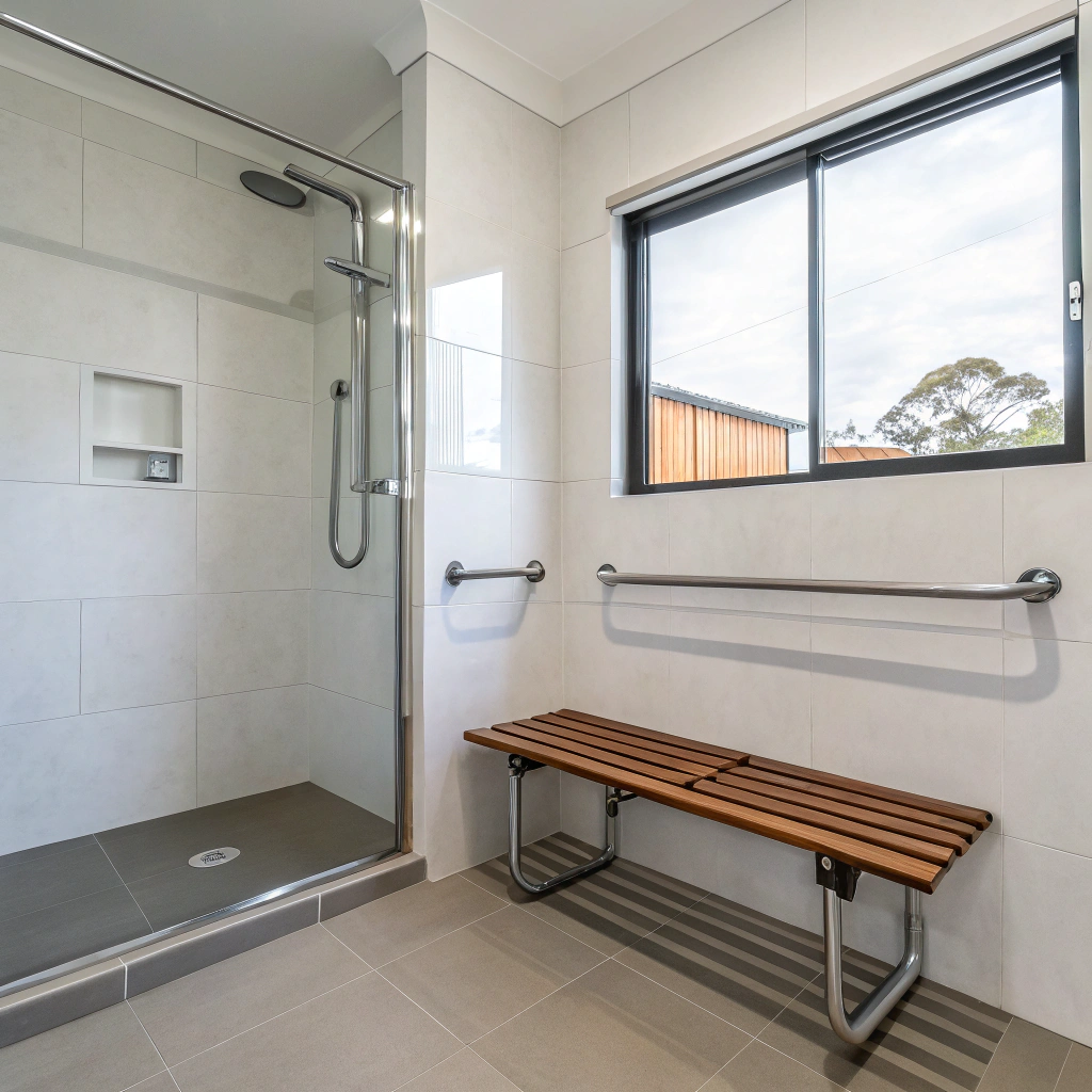 Accessible bathroom renovation Townsville with hobless shower entry and grab rails