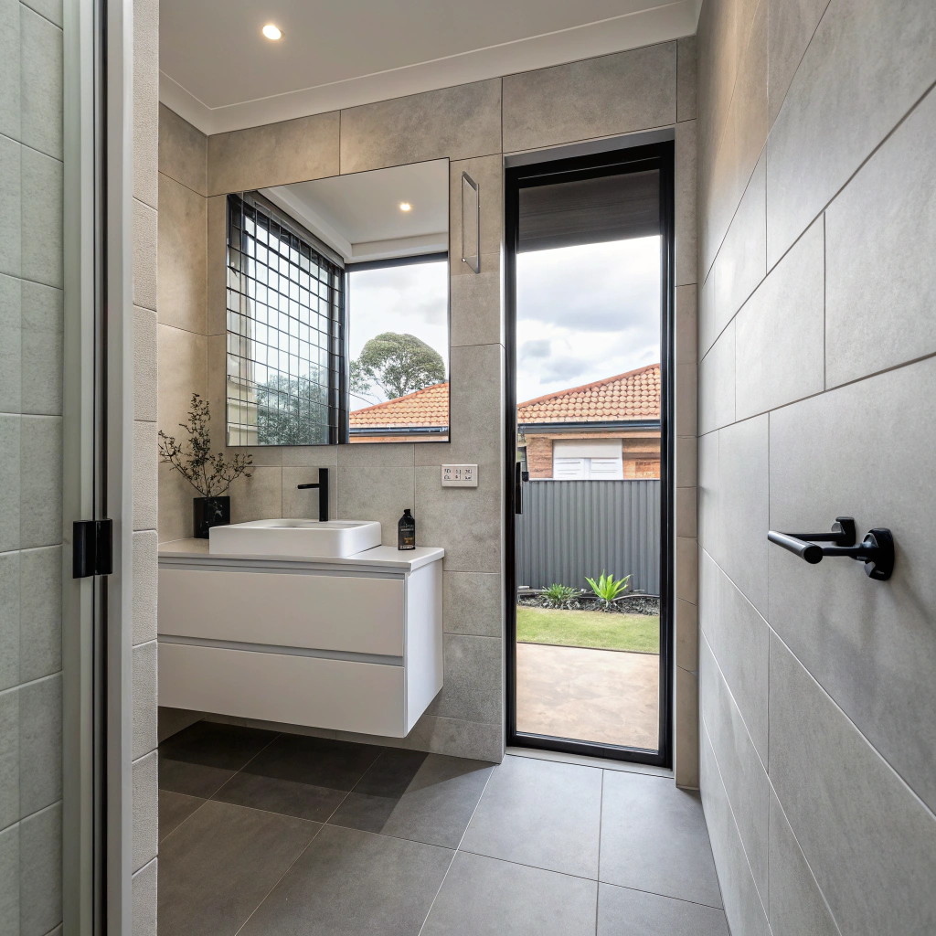 Large format wall tiles installed in a Townsville bathroom by licensed wall tilers