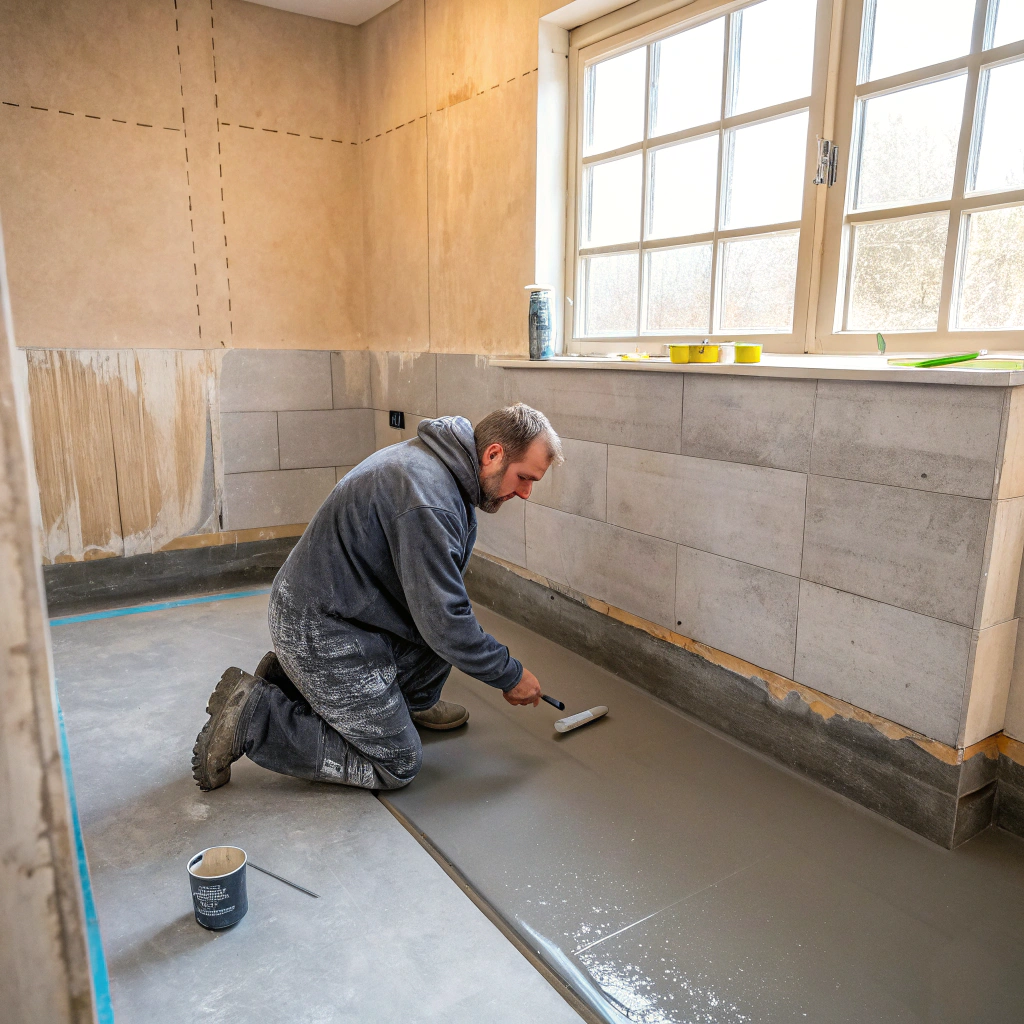 Licensed waterproofer applying waterproof membrane to shower recess in Townsville home