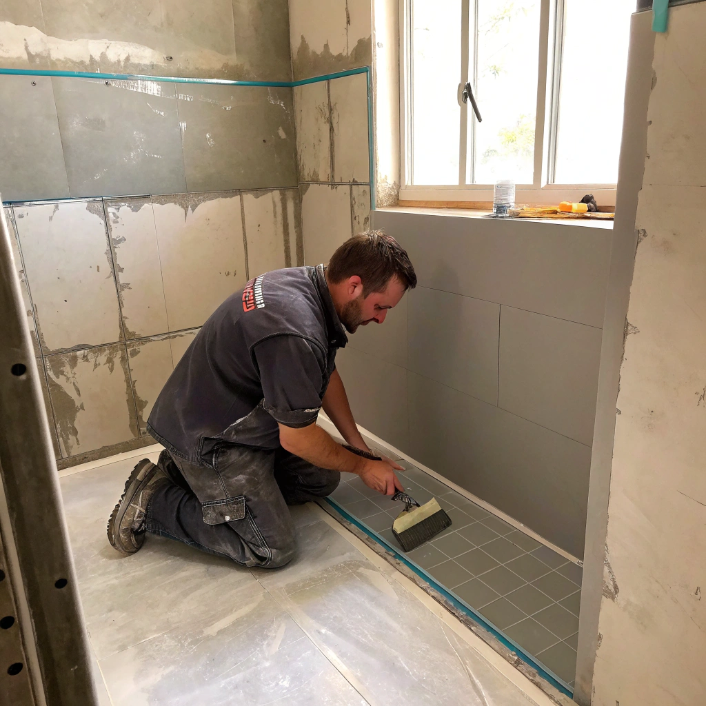 Licensed waterproofer applying waterproofing membrane to shower recess in Townsville residential bathroom