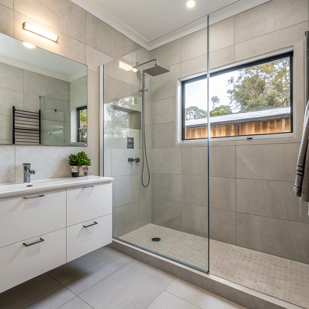 Completed shower tile installation Townsville large format porcelain recess