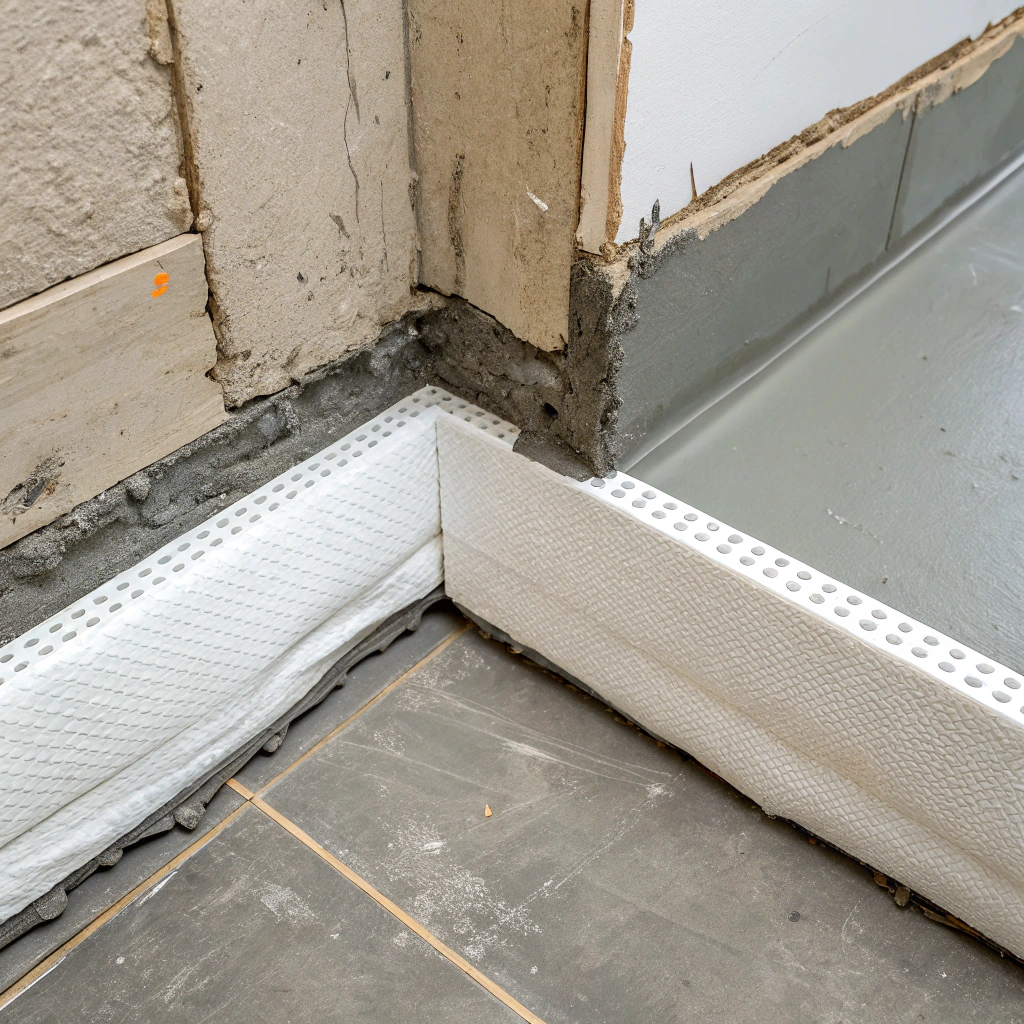 AS 3740 junction treatment with reinforcing fabric applied to internal bathroom corner